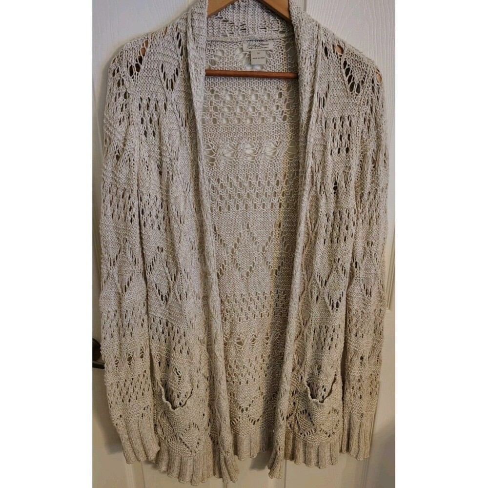 Lucky Brand M Open Front Crochet Cardigan Intricate Knit Pattern Pockets Beige